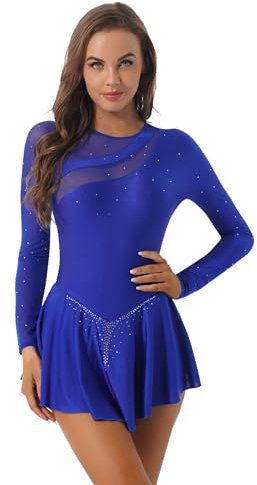 Jhaoyu Damen Eiskunstlauf Kleid Langarm Kürkleid Glitzer Mesh Tanztrikot Ballett Tanzbody mit Gefaltet Röckchen Eislaufen Wettkämpfe Bekleidung Royal Blau S