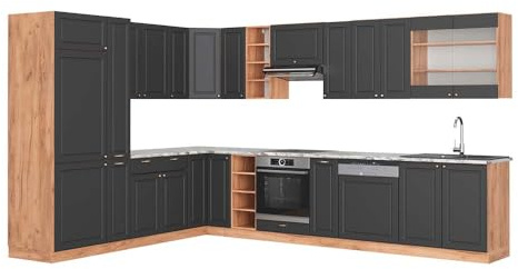 Vicco Eckküche Fame-Line, Anthrazit Landhaus/Goldkraft Eiche, 257 x 60 cm, AP Marmor