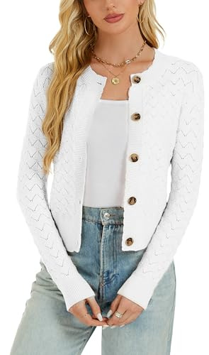 Enjyam Damen Strickjacke Langarm Elegant Kurz Cardigan mit Knöpfe Rundhals Weiche Leichte Jacke zum Top Kleid Weiß,M