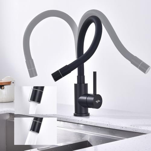 SUVIDA Robinet Cuisine Flexible Noir, Robinet d'évier de Cuisine avec 2 Types de Jet d'eau, Robinets Orientable à 360°, Monocommande Acier inoxydable, Mitigeur Cuisine Haute Pression