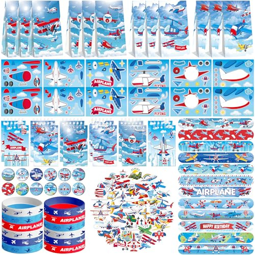 Bomboniere per feste in aereo, 12 sacchetti di goodie, 12 mini quaderni, 12 braccialetti in gomma, 50 adesivi, 12 adesivi da assemblare, 12 badge a bottone, 12 braccialetti schiaffi per feste in