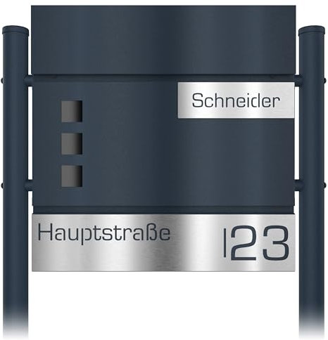 Graviers Design Briefkasten mit Standfuß Anthrazit RAL 7016 freistehend - Sichtfenster Postkasten personalisiert Edelstahl Name Straße Hausnummer Laserschnitt Gravur mit Schloss Zeitungsfach