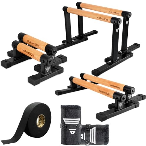 GORNATION Parallettes, inkl. Grip Tape, Calisthenics Equipment für Handstand & Push Ups, Liegestützgriffe mit Griffen/Stangen aus Holz, Push-Up Bars für Fitness zuhause & Outdoor (SET)