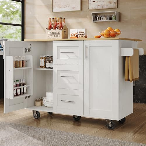 KAZZIO Isola da cucina, divisori rimovibili, ruote rimovibili come mobili da cucina, carrello da pranzo con piano di lavoro, buffet, carrello da pranzo con venature del legno, con ruote (bianco)