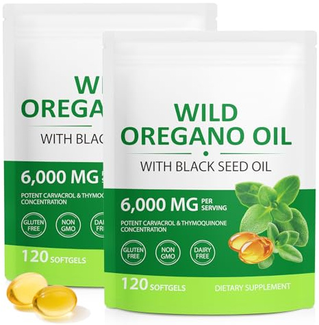 Capsules d'huile d'origan 240 gélules, Oregano Oil Capsules, d'origan bio végétaliennes capsules d'huile- 2 en 1 6000 mg d'huile d'origan avec 200 mg d'huile de nigelle, soutien digestif