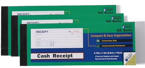Money or Rent Receipt Book, 50 Sets 7 1/2 x 2 3/4 2-Part Carbonless, White & Canary, Bound Wraparound Cover(3pack)