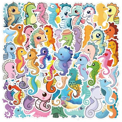Seahorse, adesivi per ragazzi e adulti, 50 pezzi, cavalluccio marino, in vinile, set per auto, moto, skateboard, bagagli, laptop, valigia, casco e computer