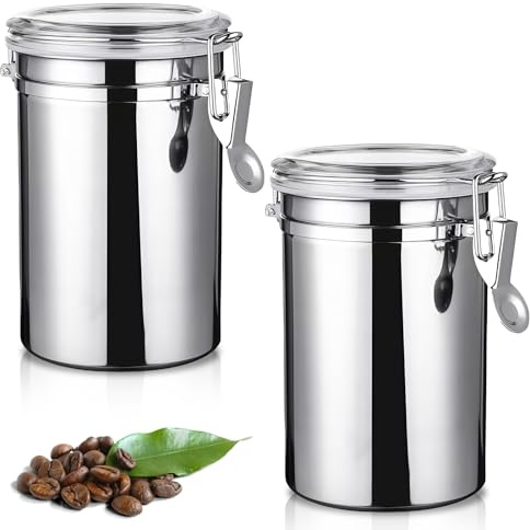 WIYETY 2 stycken kaffeburkar, lufttät med lock, 1110 ml rostfritt stål, kaffebönsbehållare, aromsäker förvaringsburk, för nötter kakao teblad – silver