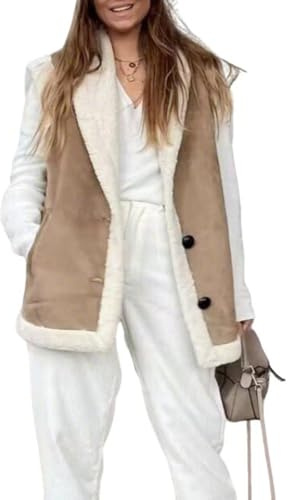 HGKPFGTG Gilet Sans Manches en Imitation Daim Pour Femme Décontracté Polaire Duveteuse Boutonné Veste Chaude En Peau De Mouton,Marron,S