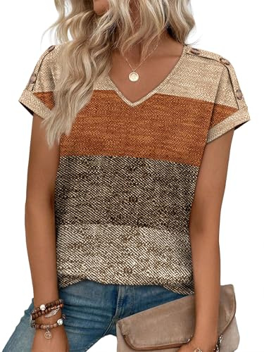XIEERDUO Spring Tops for Women Short Sleeve Summer Blouses 2026 Fashion Clothing Outfits Trendy V Neck Tee Shirts Beach Vacation Clothes F-Brown Stripes L