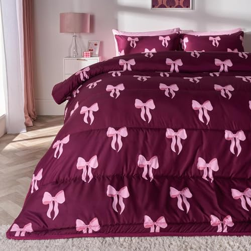 OHS 10.5 Tog Coverless Duvet Single, Stylish Bow Print Soft Warm Microfibre Single Duvet Camping Summer Winter Washable Quilt Coverless Duvets with Pillowcase, Burgundy