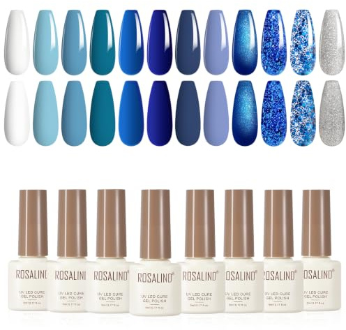 ROSALIND 12 färger UV-nagellack, blå, vit, mörkblå, glitter, blå, silver | Himmelsblå marinblå UV gel nagellack blå, blötläggning av UV LED färggel gelnaglar för nagel manikyr gel nagellack present
