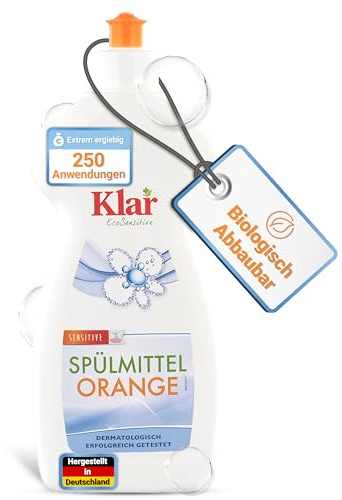 Klar Spülmittel Bio mit Orangenduft 500ml – Kraftvolles Geschirrspülmittel flüssig mit hoher Fettlösekraft – Hautfreundliches Spüli Konzentrat in recycelter Flasche – Vegan Dish Soap