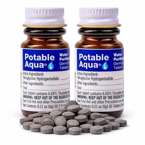 Potable Aqua Water Purification Tablets, Portable and Effective Water Purification Solution for Camping, Hiking, Emergencies, Natural Disasters and International Travel, Two 50ct Bottles, Blue