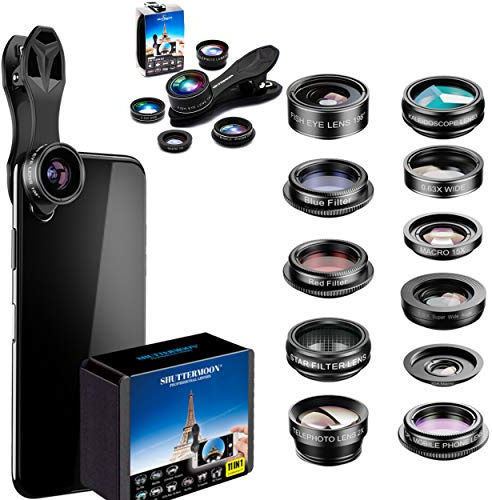 SHUTTERMOON Camera Lens Kit Smartphones/Pixel/Samsung/Android Phones Camera. 2xTele Lens ZoomLens+Fisheye Lens+0.36XSuper Wide Angle Lens & 20X Macro Lens CPL.Blue &Red Filter Filter