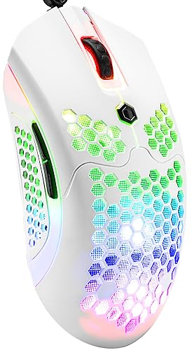 Wired Lightweight Gaming Mouse 65G, 26 RGB Backlit USB Gaming Mice & 7 Buttons Programmable Driver, PAW3325 12000DPI, with Ergonomic Ultralight Honeycomb Shell model O for PC Gamers, Xbox, PS4-White