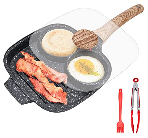 Bobikuke Spiegeleipfanne, 21 cm Pancake Pfanne mit Deckel 3 Loch Aluminium Omelettpfanne mit Antihaftbeschichtung für Frühstück, für Induktion & Gas