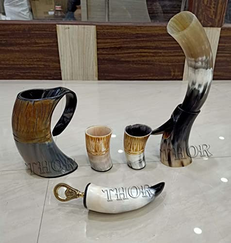 Drinking Horn Mug With Stand - Tanker - Bottle Opener - Shot Glass Viking Style Beer Wine Mead Mug For Gift Rustic Vintage Home Decor Gifts