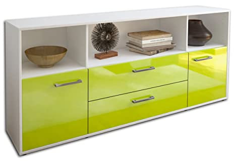 Lqliving Kommode Sideboard Enza, Korpus in Weiss matt, Front im Hochglanz-Design Grün (180x79x35cm), inkl. Metall Griffen, Made in Germany