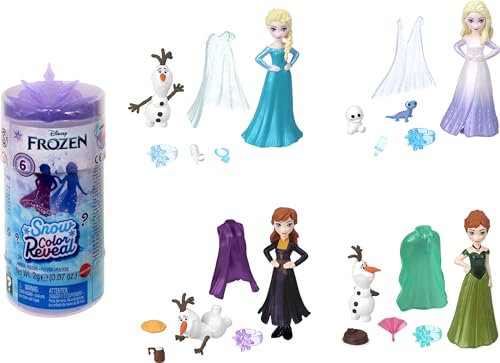 Mattel Disney Frozen Kleine Puppe Snow Color Reveal mit 6 Überraschungen, inklusive 1 Charakterfigur und 4 Zubehörteilen (Puppen können variieren)