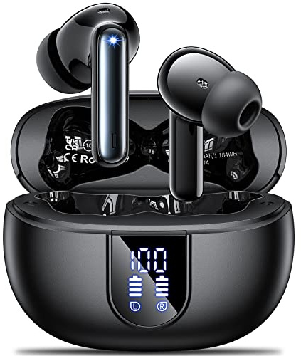 Wireless Earbuds, 2024 Wireless Headphones HiFi Stereo Earphones with 4 ENC Noise Canceling Mic, 42Hs Playtime In Ear Earbud, Bluetooth 5.3 Sport Earphones with LED Power Display for Android iOS Black