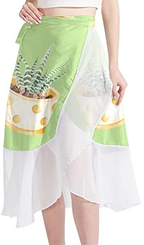 Hand Drawn Cactus Plant Dot Pot-01 Women Beach Sarongs Sheer Cover Ups Chiffon Bikini Wrap Skirt for Swimwear Multicoloured