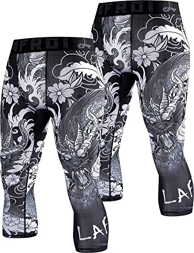 LAFROI Men's 2-Pack Compression Fit 3/4 Tights Leggings with Pcoket/Non-Pocket-YSK10 Dragon Size LG