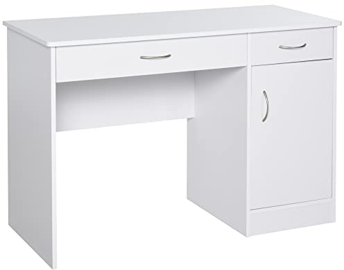 HOMCOM Scrivania Moderna per PC e Computer con 2 Cassetti e 1 Armadietto, Scrivania con Libreria Salvaspazio per Ufficio o Camera in Legno, Bianco