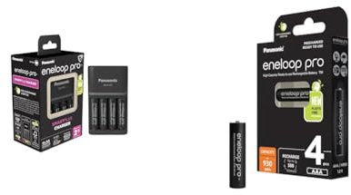 eneloop Pro SmartPlus Cargador, para 1-4 Pilas Recargables AA/AAA, 2h de Tiempo de Carga & Pro, Pilas Recargables AAA/Micro, Paquete de 4, Capacidad de mín. 930 mAh