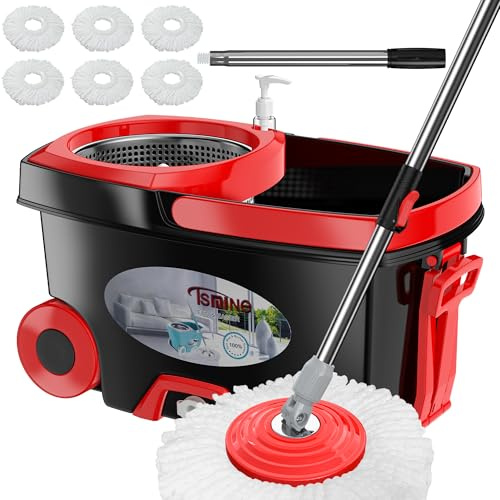FunClean Spin mopp och hink, mopp och hink med vridare set för hem, 360 snurrande moppning golv rengöringsverktyg med 6 mikrofiberersättningshuvud, 155 cm utökat handtag, 2 x hjul – svart