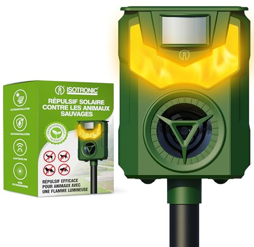 ISOTRONIC Ahuyentador solar de animales para repeler mapaches, ciervos, zorros y jabalíes – Repelente de vida silvestre con frecuencia + luz de llama – Eficaz repelente de animales (1 unidad)