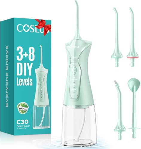 COSLUS Water Teeth Flosser Picks: 4 Modes Cordless Irrigator 300ML Portable Electric Flossing Machinerie for Teeth Cleaning Rechargeable Waterproof Tooth Pick Set Cleaner for Travel Home C30(FC5360)