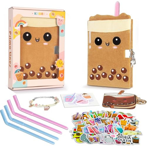 Kit de regalo para niñas, diario con cerradura y llave, diario de peluche de té Boba para adolescentes, diario mullido para niñas, juego de regalo de cumpleaños kawaii con bolso, pulsera, 4 bolígrafos