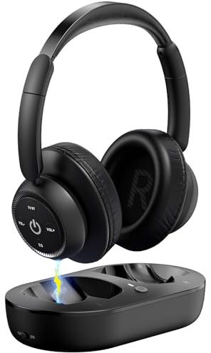 ZUPVIY Cuffie wireless per guardare la TV, cuffie wireless per anziani con base di ricarica del trasmettitore, supporto ottico, AUX, RCA e USB, alto volume senza ritardo audio, plug and play, nero