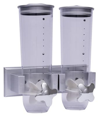 JUUTALK Dispensador de cereales de 3 L, doble pared, dispensador de cereales, dispensador de alimentos, con 2 tazas pequeñas, para cereales, dulces, cereales, plástico, plateado/negro, 29 x 15 x 30 cm