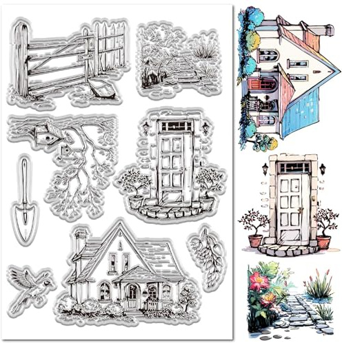 CRASPIRE Clear Stamps Farm House Rubber Stamps Fence Eagle Tree Flower Plants Retro Reusable Background Postmark Transparent Silicone Stamp for Journaling Card Making Decor DIY Scrapbooking Supplies