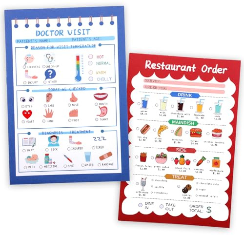 BOXOB 2 blocchi per appunti per bambini, 40 pagine per ordine del ristorante e 40 pagine per visite mediche, giochi di ruolo da dottori e camerieri, per bambini forniscono divertimento e stimolano