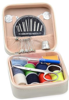 Incauca Travel Sewing Kit for Adults Beginners, Portable Mini Sew Kit Leather Box with Thimbles, Needle and Thread, Basic Hand Home Starter Sewing Supplies Accessories for Emergency Mending, White