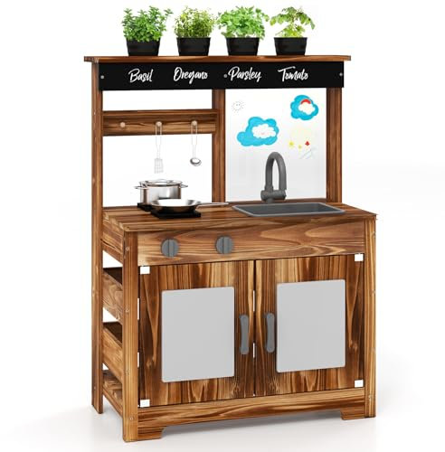 COSTWAY Mud Kitchen, Fir Wood Outdoor Kitchen Playset with 4 Planting Pots, Removable Sink, Blackboard, Acrylic Board, Stoves, Kids Pretend Play Kitchens for Boys Girls Ages 3+