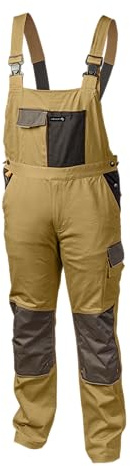 Högert Technik – Arbeitslatzhose EDGAR beige mit elastischen Trägern, 7 Taschen, Oxford 600D Verstärkungen, reflektierenden Elementen und ergonomischer Passform für Herren