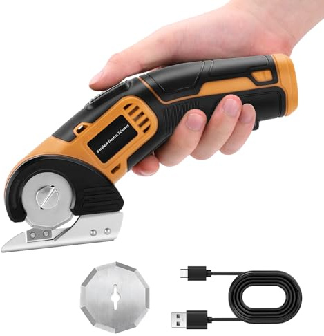 Daakro Schnurlose elektrische Rotationsschere,mit Sicherheitsverschluss Mini-Elektroschere,4V wiederaufladbarem Design Kartonschneider für Filz, Papier, Handwerk, Teppich（Gelb）