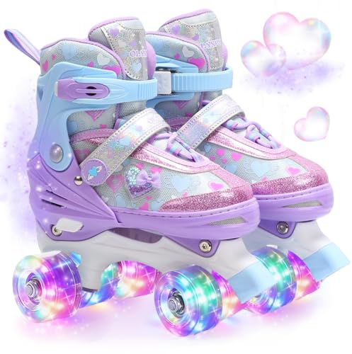 OLYSPM Pattini a Rotelle Bambina con Cuori Sognanti e Ruote Luminose,4 Taglie Regolabili,Pattini 4 Ruote per Bambino Bambini Principianti Regalo(Viola,M)