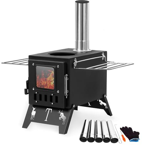 Camping Wood Stove, Outdoor Portable Tent Wood Burning Stove with Stainless Steel Chimney Pipes, Tent Stove Jack & Gloves for Outdoor Camping Cooking and Heating, 1-2 Person Use