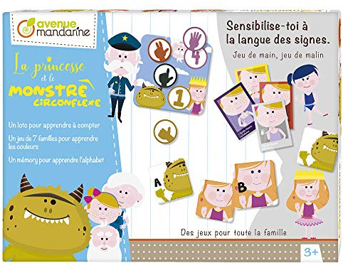 MY MANDARINE JS001C - Jeu de plateau ''La princesse et le monstre circonflexe'' avec : 1 Loto, 1 jeu de 7 familles et un Mémo - À partir de 5 ans
