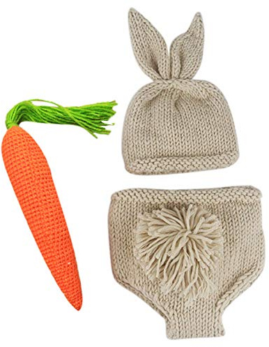 FYMNSI Disfraz de conejo para recién nacido, accesorios de fotografía, gorro de oreja, pantalones cortos y zanahoria, 3 piezas, caqui, Talla única