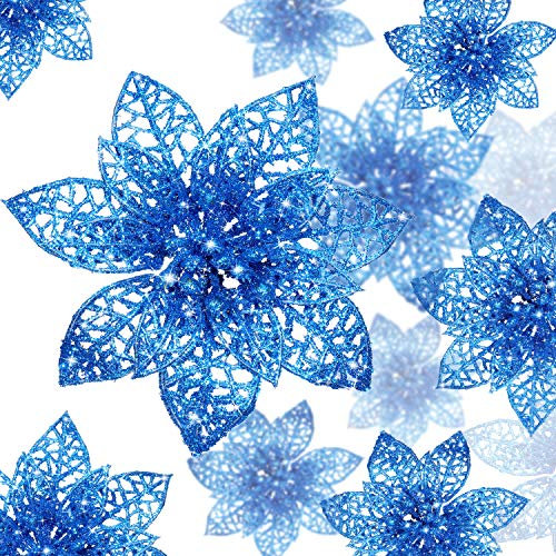 24 Pièces Noël Poinsettia Glitter Ornement d'arbre de Noël Fleurs de Noël Ornement de Décor (Bleu)