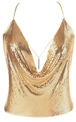 Luxexy Top sexy da donna con scollo a V scintillante e profondo scollo a V, canotte con catena per il corpo