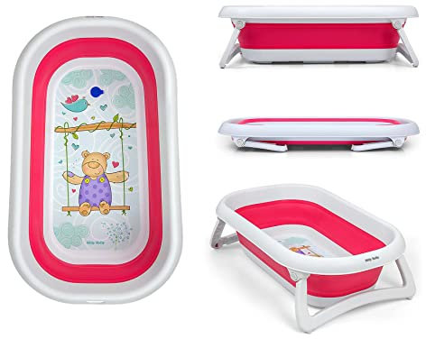 Milly Mally Aqua Baignoire Pliable pour Bébé Bassin de Douche Portable avec Détection de Température et Pieds Antidérapants Rose