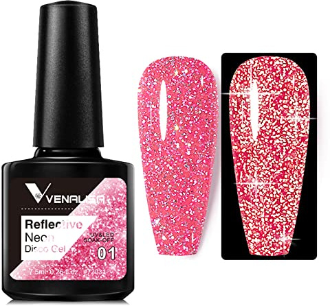 VENALISA Girl Pink Reflective Glitter Gel Polish Sparkling Shiny Disco gel Nail Polish Long Lasting soak off Nail Drying Under UV LED Lamp Nail Art Summer Nail Salon