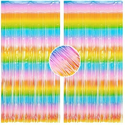 2 Stück Lametta Vorhang Regenbogen Kinder Party Deko - BRAVESHINE 1x 2.5 m Metallisch Folie Fransen Vorhang Bunt Party Lametta Hintergrund für Weihnachten Geburtstag Abschlussball Urlaub Deko